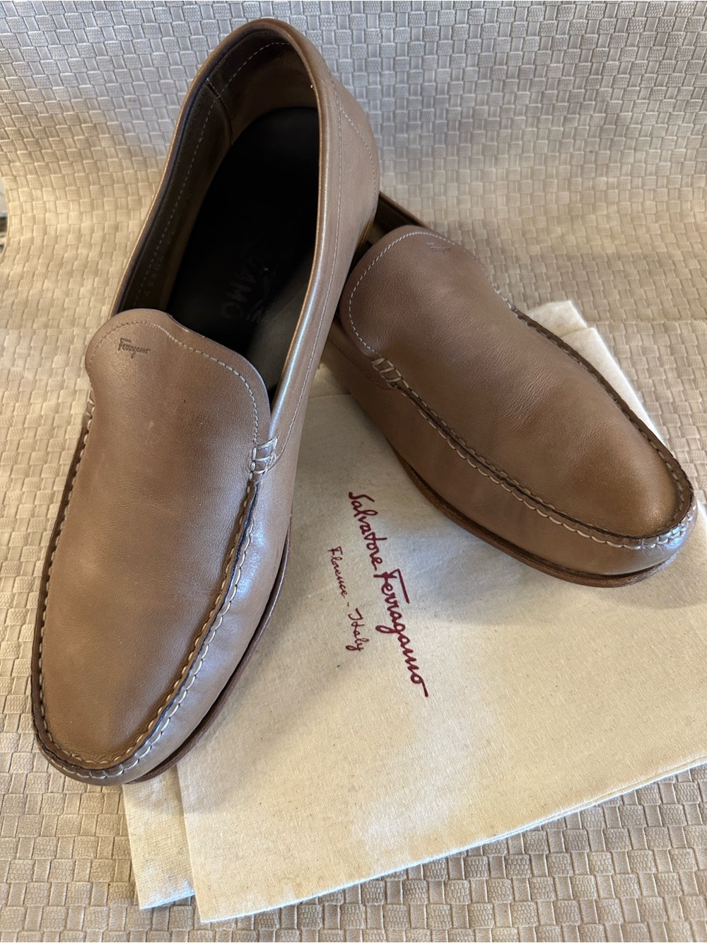 Salvatore Ferragamo Menβs Taupe Leather Slip-On Loafers